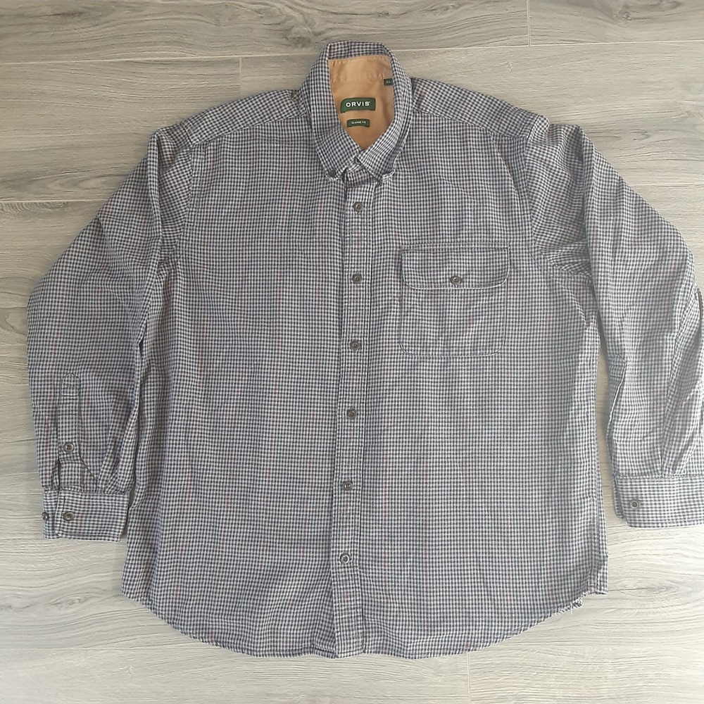 Orvis Mens XL Classic Fit Houndstooth Button Down Shirt Blue Grey Cotton